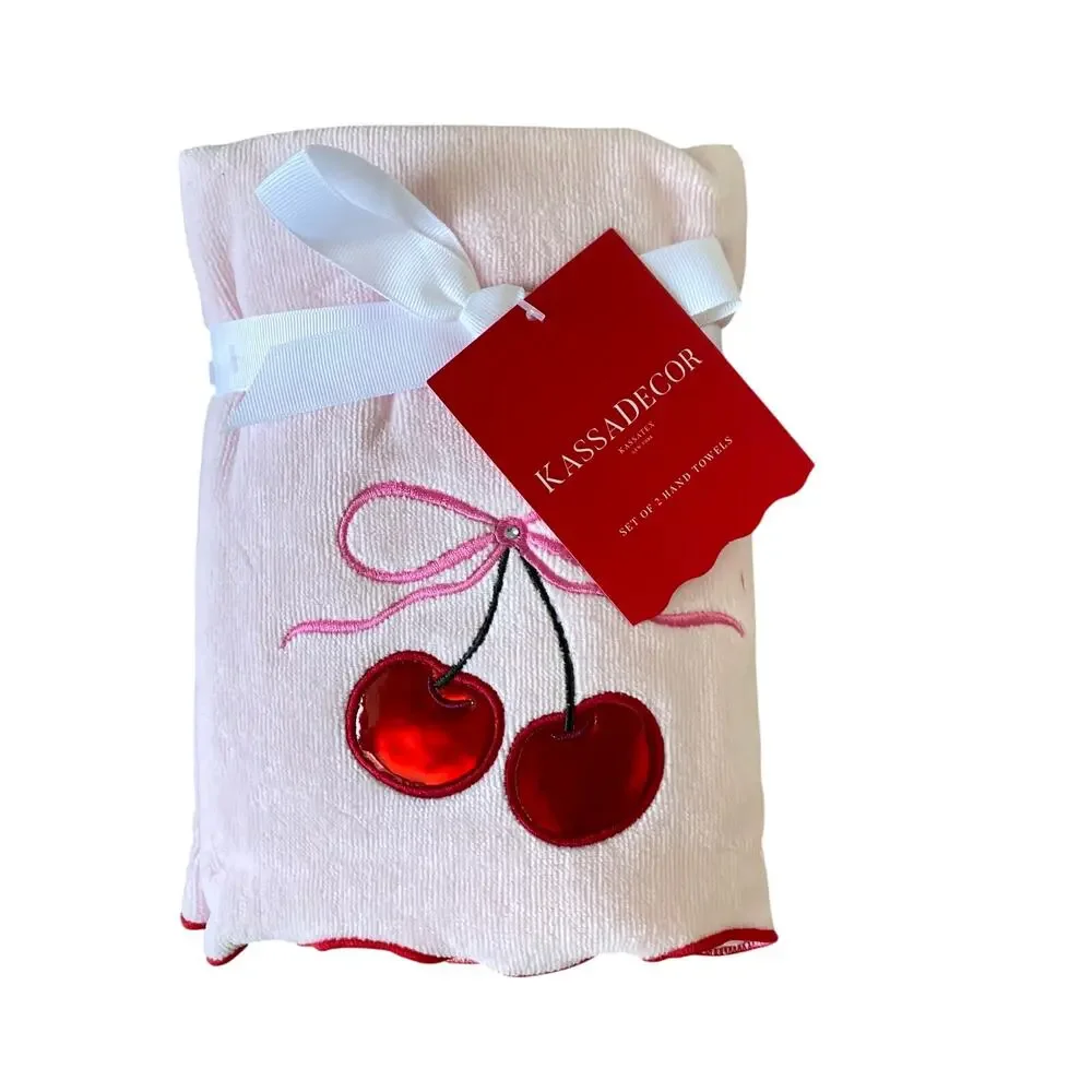 2 Pink Bow Red Leather Cherries Hand Towels Coquette Scallop Valentine's Day FUN